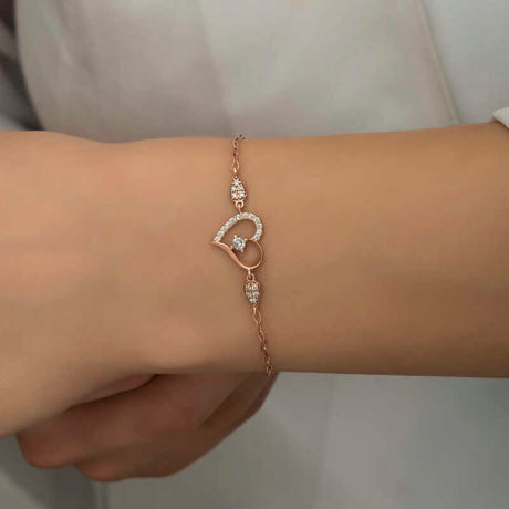 Bracelet - Rose Gold Plated Silver Heart Solitaire Dainty