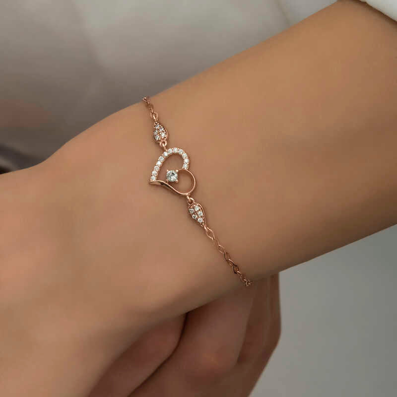 Bracelet - Rose Gold Plated Silver Heart Solitaire Dainty
