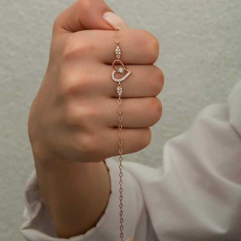 Bracelet - Rose Gold Plated Silver Heart Solitaire Dainty