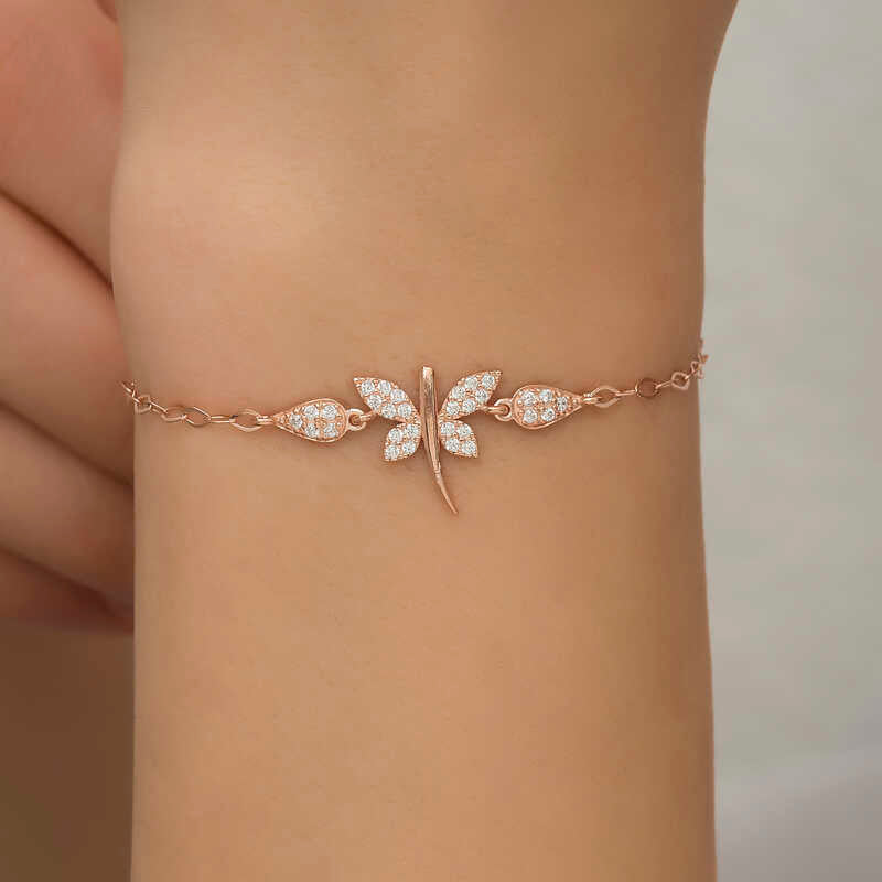 Rose Gold Plated Sterling Silver Dragonfly Bracelet - Dazzling Zirconia