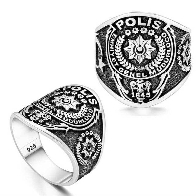 Sterling Silver Turkish Police Emblem Mens Ring
