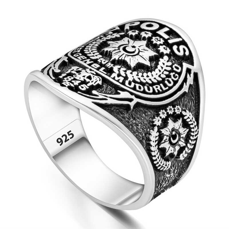 Sterling Silver Turkish Police Emblem Mens Ring