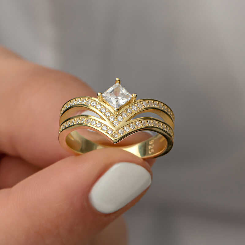 Ring - Gold-Tone Cubic Zirconia Princess Cut Chevron Statement