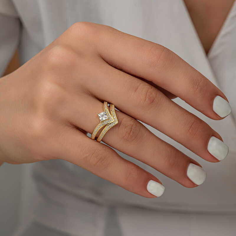 Ring - Gold-Tone Cubic Zirconia Princess Cut Chevron Statement