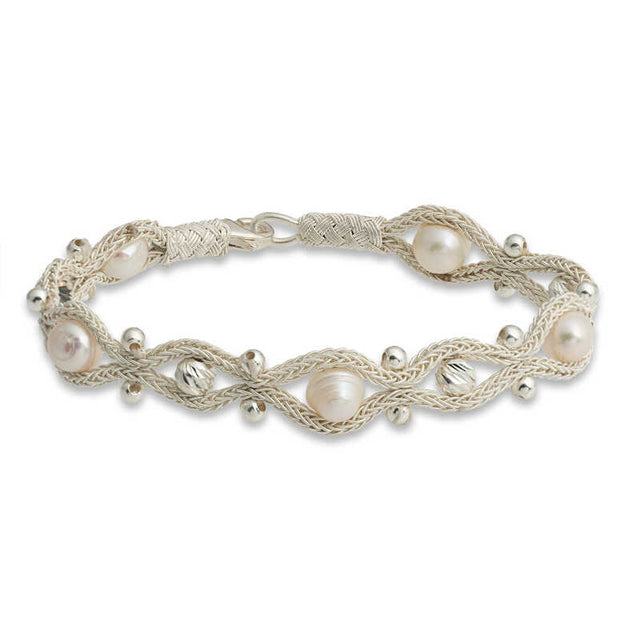Sterling Silver Braided Pearl Bracelet - Woven Design