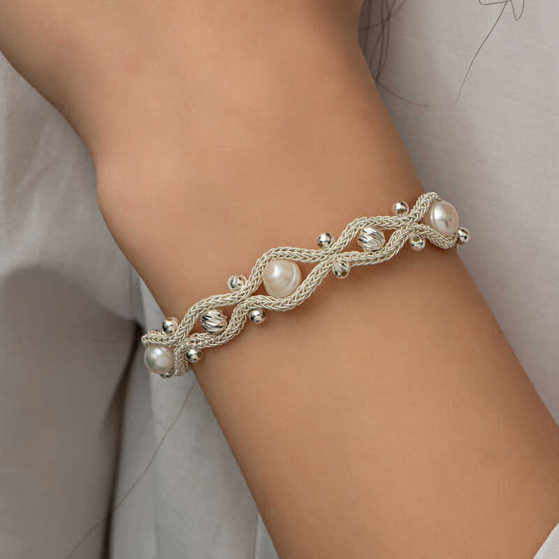Sterling Silver Braided Pearl Bracelet - Woven Design
