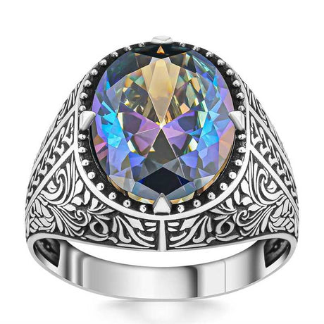 Premium Sterling Silver Floral Mystic Topaz Men's Ring