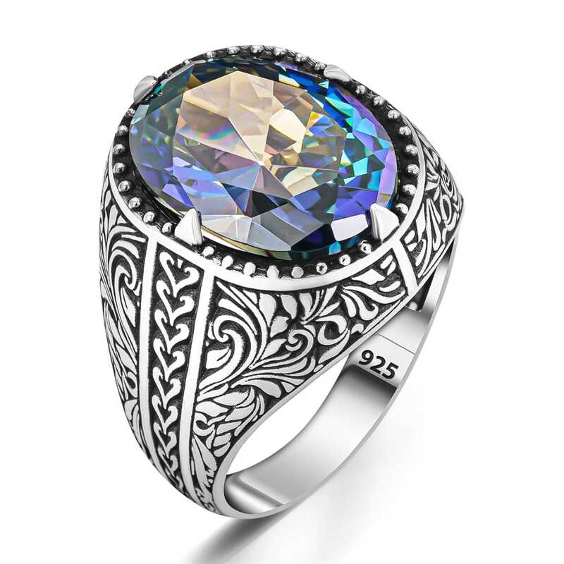 Premium Sterling Silver Floral Mystic Topaz Men's Ring