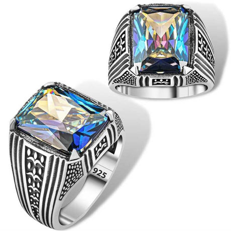 Premium Sterling Silver Men's Square Cut Mystic Topaz Ring