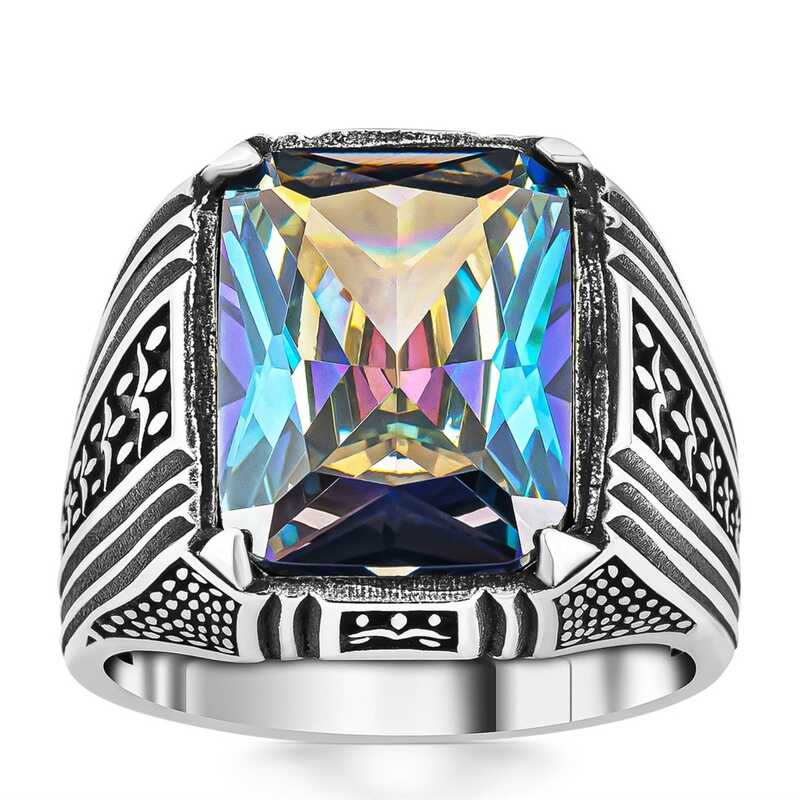 Premium Sterling Silver Men's Square Cut Mystic Topaz Ring