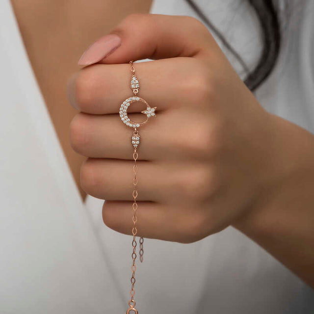 Rose Gold Plated Silver Bracelet - Dazzling Crescent Moon & Star Charm