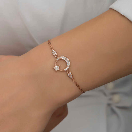 Rose Gold Plated Silver Bracelet - Dazzling Crescent Moon & Star Charm