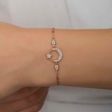 Rose Gold Plated Silver Bracelet - Dazzling Crescent Moon & Star Charm