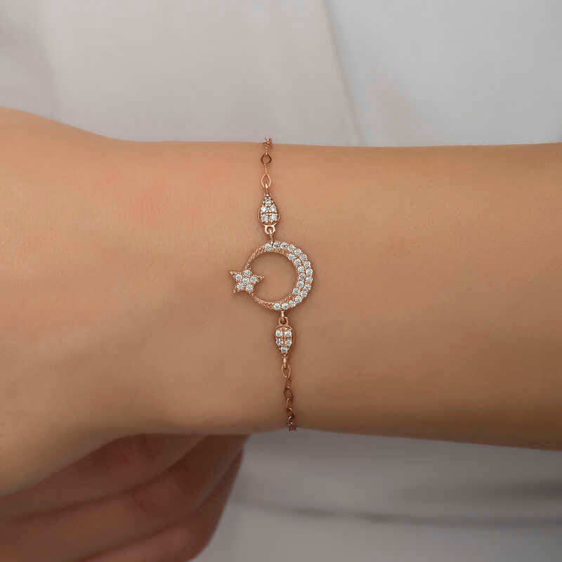 Rose Gold Plated Silver Bracelet - Dazzling Crescent Moon & Star Charm