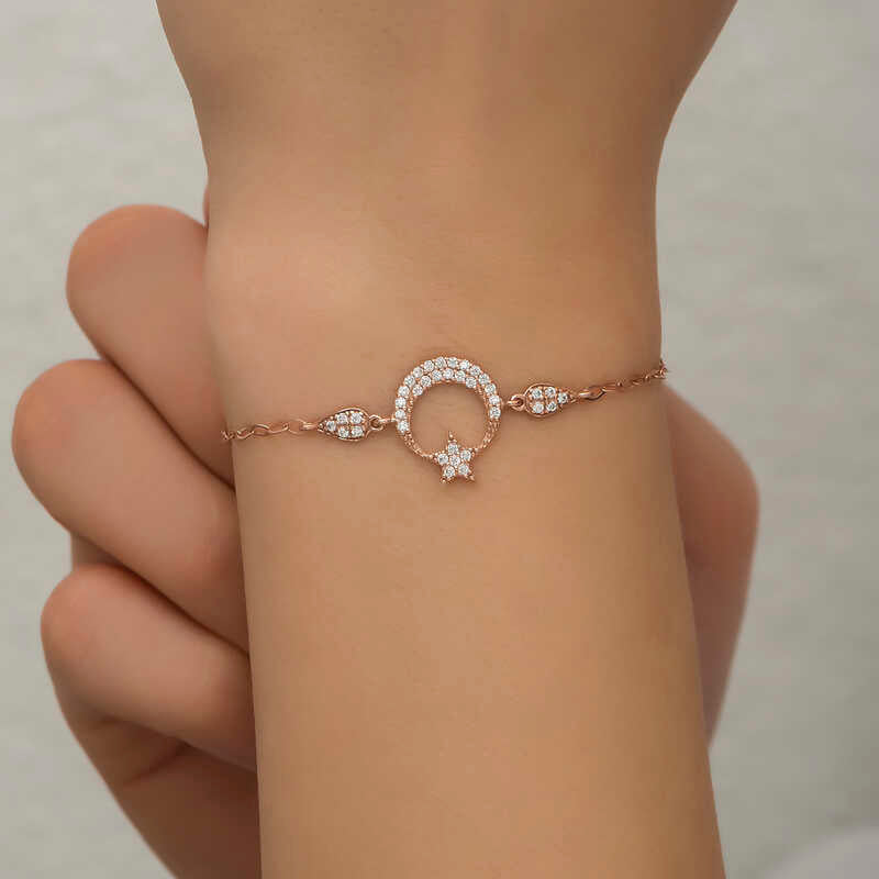 Rose Gold Plated Silver Bracelet - Dazzling Crescent Moon & Star Charm