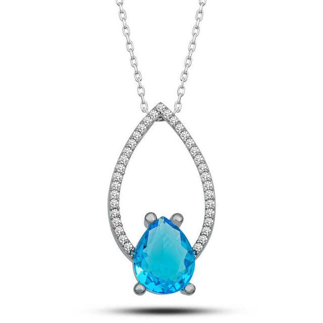 Sterling Silver Teardrop Blue Topaz & Zircon Necklace
