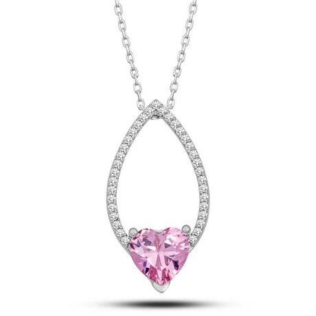 Necklace - Sterling Silver Sparkling Pink Heart Teardrop