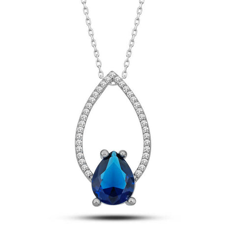 Sterling Silver Blue Teardrop Necklace - Dazzling Pave Accent Frame