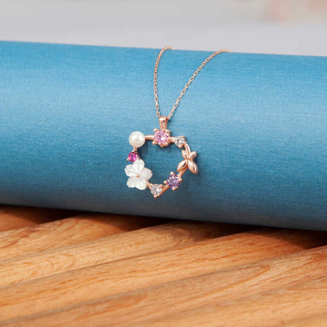 Necklace - Rose Gold Plated Floral Wreath with Pearl & Gemstone Accents