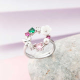 Adjustable Floral Gemstone Ring - Silver-Tone Wreath Design