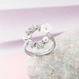 Ring - Silver-Tone Floral Wreath with CZ, Pearl & White Flower