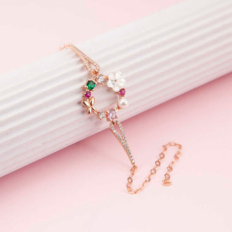 Bracelet - Rose Gold-Tone Multi-Gemstone & Pearl Floral Wreath