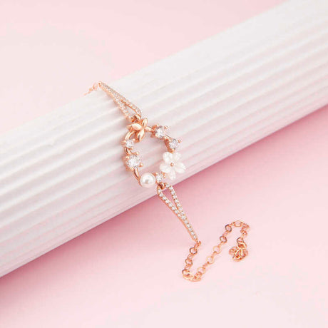 Rose Gold Plated Floral Bracelet - Dainty Pearl & Cubic Zirconia Design