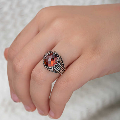 Men's Sterling Silver Ring with Faceted Red Zircon Gemstone