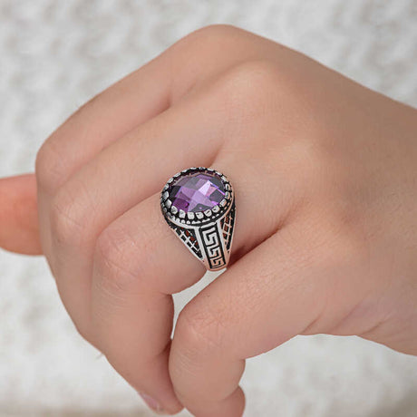 Men's Sterling Silver Ring - Purple Zircon Geometric Design