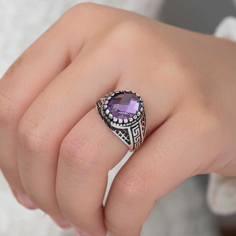 Men's Sterling Silver Ring - Purple Zircon Geometric Design
