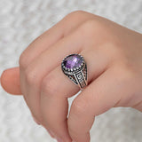 Men's Sterling Silver Ring - Purple Zircon Geometric Design