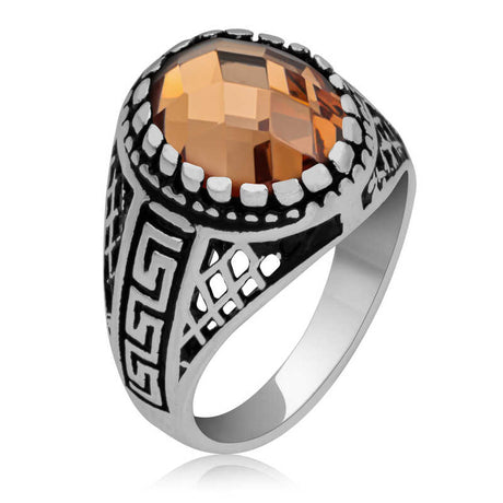 Men's Sterling Silver Ring - Ornate Orange Zircon Statement Design