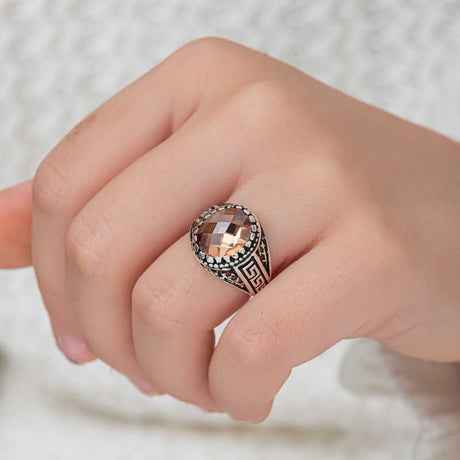 Men's Sterling Silver Ring - Ornate Orange Zircon Statement Design