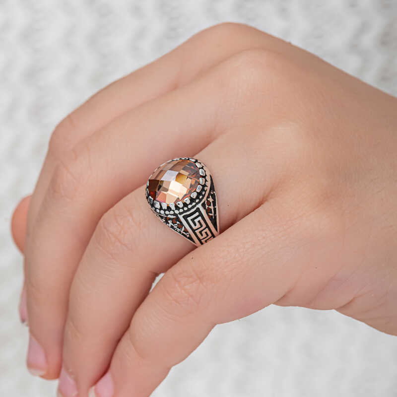 Men's Sterling Silver Ring - Ornate Orange Zircon Statement Design