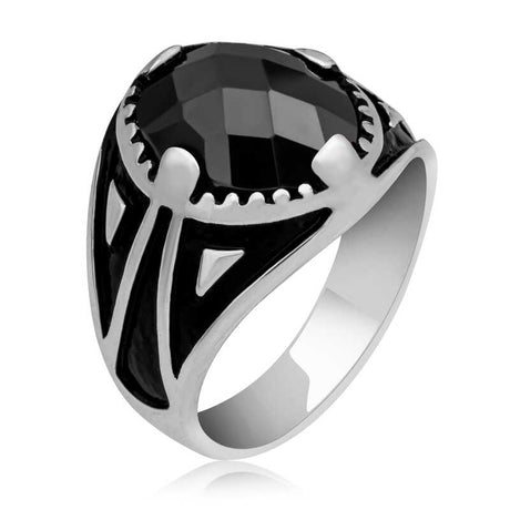 Men's Ring - Sterling Silver Black Zircon Faceted Statement Ring