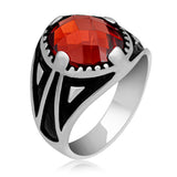 Men's Statement Ring - Sterling Silver with Faceted Red Zircon Stone