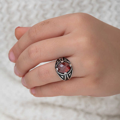 Men's Statement Ring - Sterling Silver with Faceted Red Zircon Stone