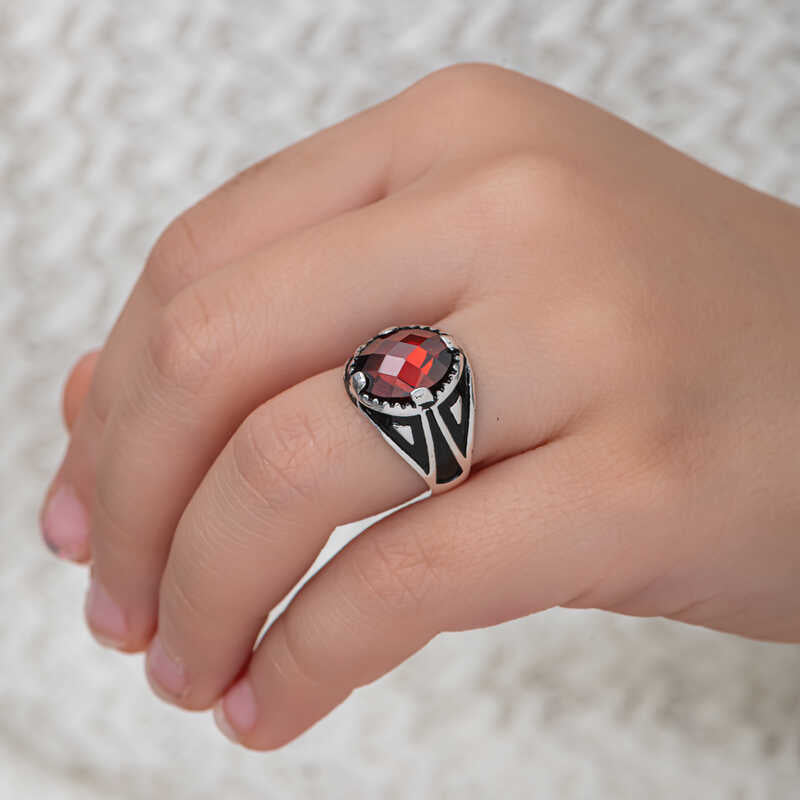 Men's Statement Ring - Sterling Silver with Faceted Red Zircon Stone