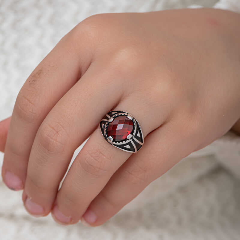 Men's Statement Ring - Sterling Silver with Faceted Red Zircon Stone