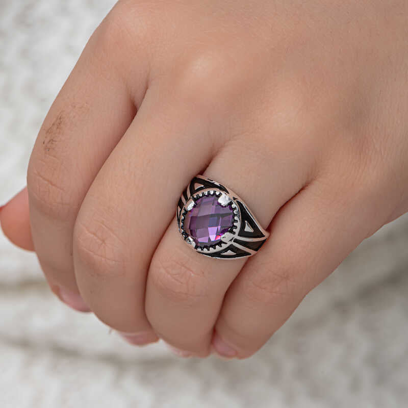 Men's Ring - Sterling Silver Purple Zircon Faceted Statement