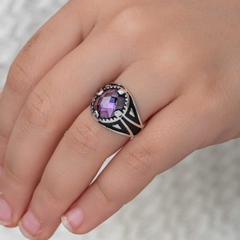 Men's Ring - Sterling Silver Purple Zircon Faceted Statement