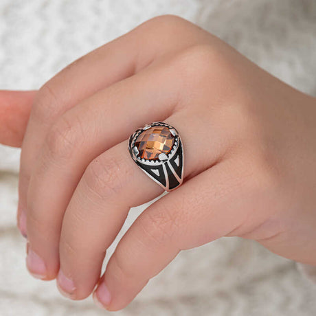 Men's Ring - Sterling Silver Orange Zircon Statement Ring