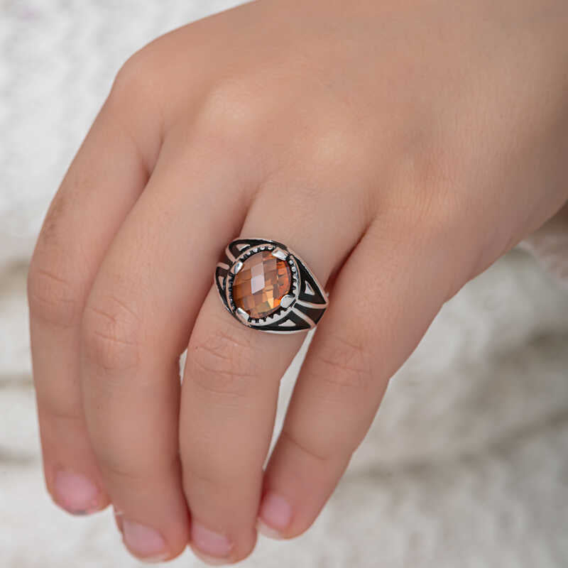 Men's Ring - Sterling Silver Orange Zircon Statement Ring