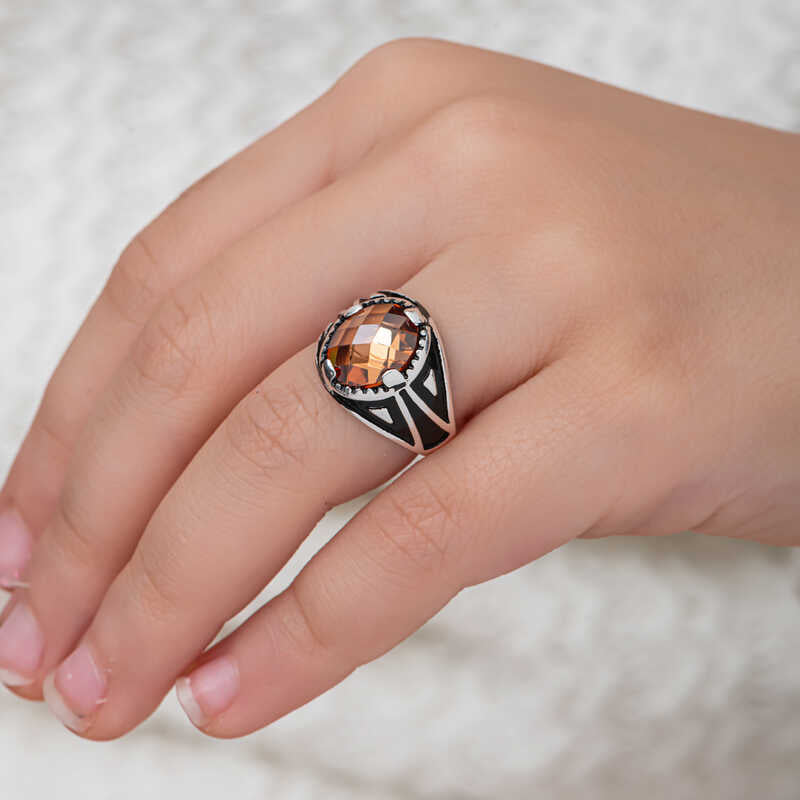 Men's Ring - Sterling Silver Orange Zircon Statement Ring