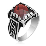 Men's Statement Ring - Sterling Silver with Faceted Red Zircon Gemstone