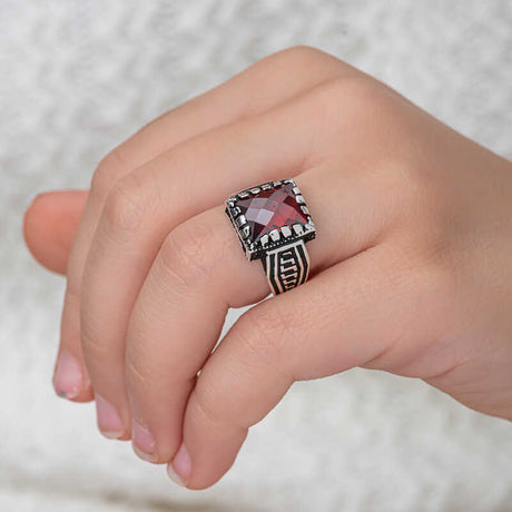 Men's Statement Ring - Sterling Silver with Faceted Red Zircon Gemstone