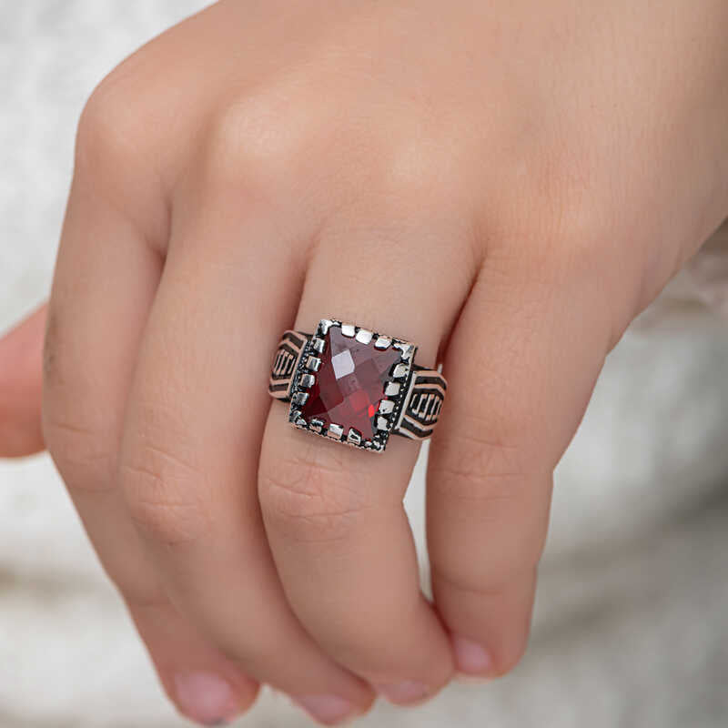 Men's Statement Ring - Sterling Silver with Faceted Red Zircon Gemstone