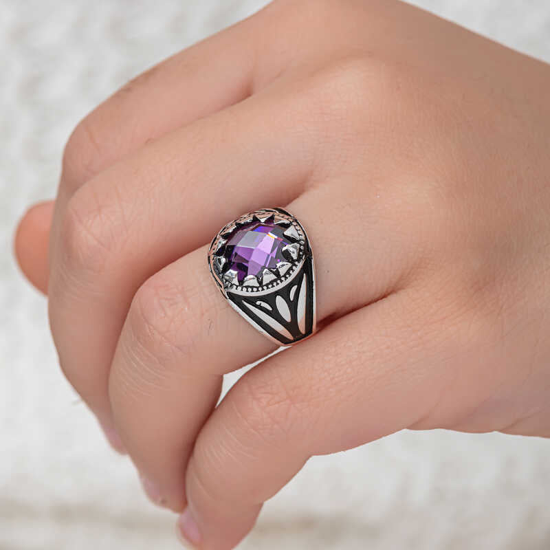 Bague homme - Argent sterling zircon violet avec émail