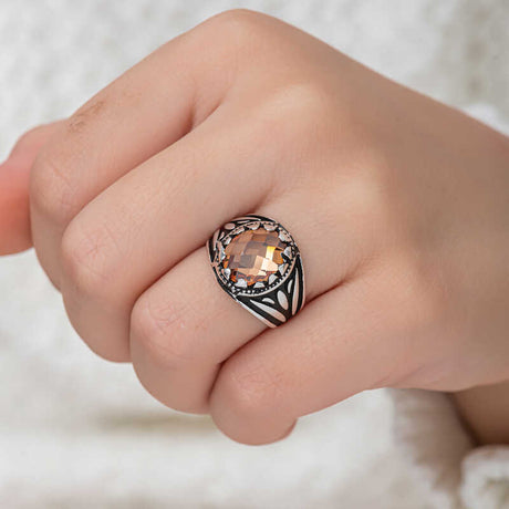 Men's Ring - Sterling Silver Orange Zircon Faceted Stone Statement