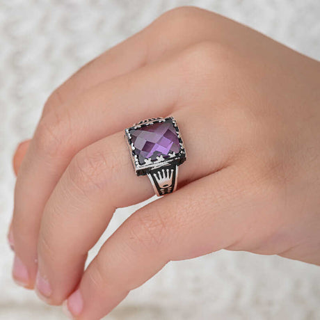 Men's Statement Ring - Sterling Silver Lilac Zircon with Crown Detail